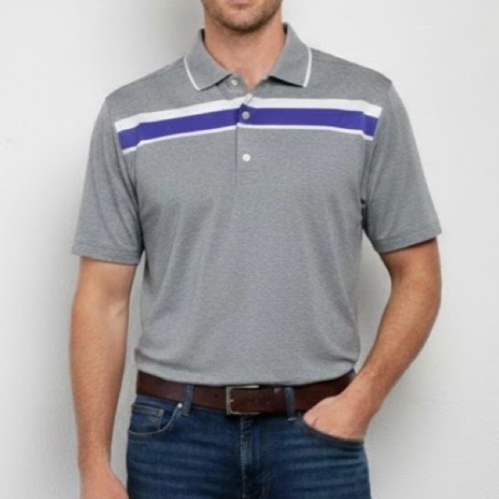 FootJoy Polo Shirt  Men’s Large Gray Striped Golf  Short Sleeve Stretch Preppy